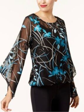 Alfani Black Sheer Blouse with Teal Floral Print